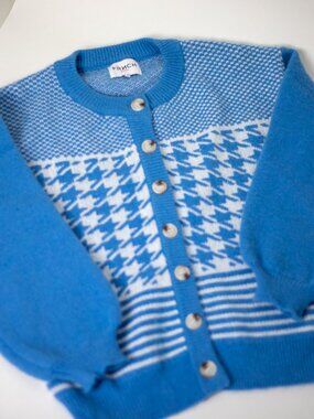 Vintage Blue Mixed Pattern Button Down Cardigan | Stripe Houndstooth